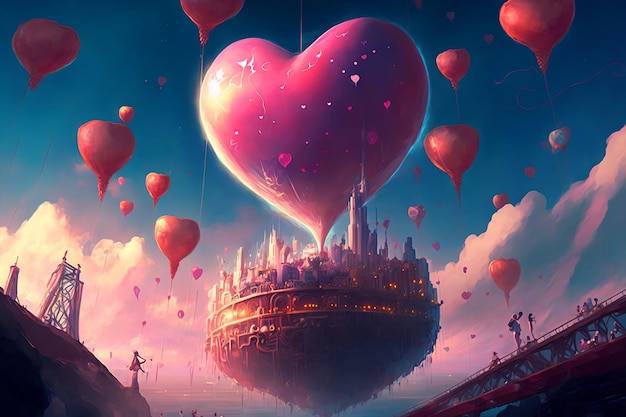 Un edificio en forma de corazón con globos flotando sobre él