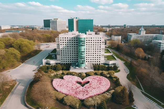 Edificio en forma de corazón con un toque rosa