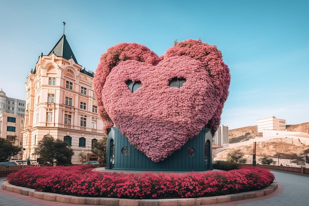 Edificio en forma de corazón con un toque rosa
