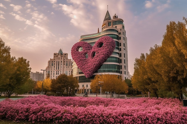 Edificio en forma de corazón con un toque rosa