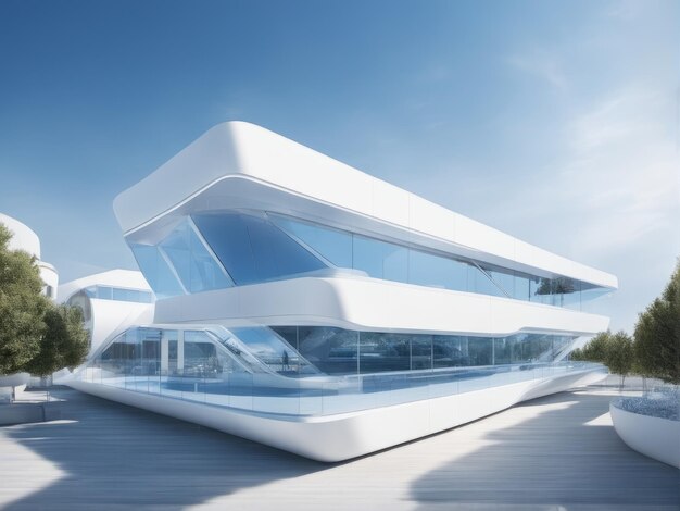 Edificio futurista blanco contra el cielo azul y las nubes blancas Arquitectura moderna