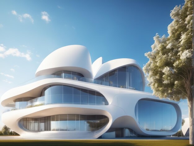 Edificio futurista blanco contra el cielo azul y las nubes blancas Arquitectura moderna