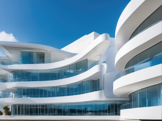 Edificio futurista blanco contra el cielo azul y las nubes blancas Arquitectura moderna