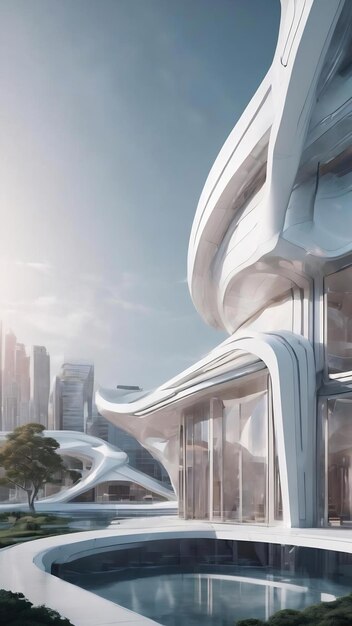 Edificio futurista blanco líneas curvas espacio artificial renderización 3D