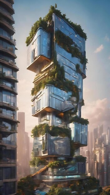 Edifício futurista com decorações naturais em sua fachada