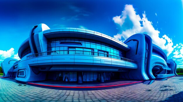 Edificio futurista con fachada azul y alfombra roja en el suelo IA generativa