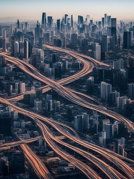 Edificio futurista fondo de la ciudad Paisaje de la ciudad y carretera en la luz del día cinematográfica arte de ilustración generativo ai