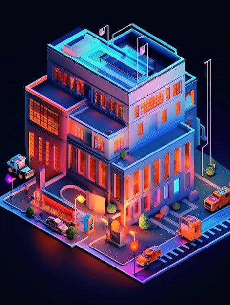 Edificio futurista isométrico con luces de neón de colores Edificio cibernético tecnológico en la oscuridad