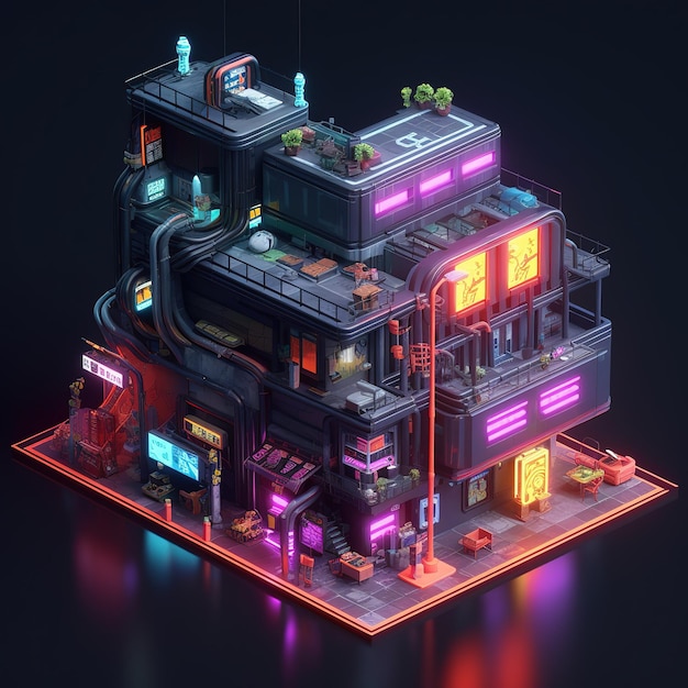 Edificio futurista isométrico con luces de neón de colores Edificio cibernético tecnológico en la oscuridad