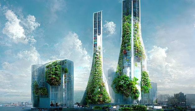 Edificio futurista con jardín vertical ecología energética sostenible.