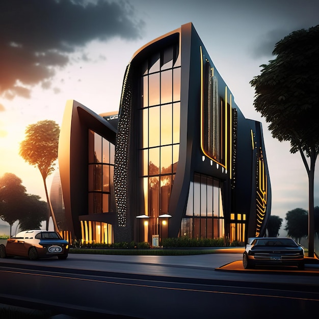 Edificio futurista con líneas modernas y detalles dorados con fondo de puesta de sol IA generativa