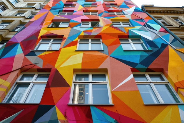 Edificio geométrico colorido con ventanas ornamentadas en la ciudad
