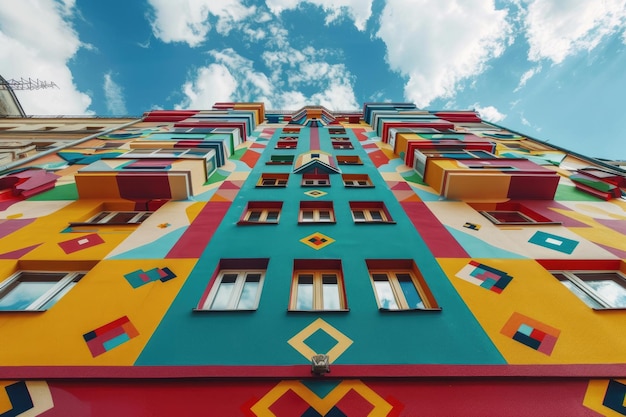 Edificio geométrico colorido con ventanas ornamentadas en la ciudad