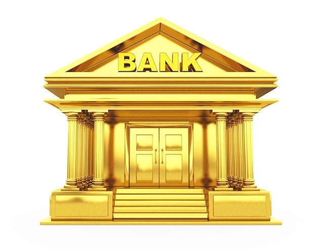 Edificio Golden Bank sobre un fondo blanco. Representación 3D.
