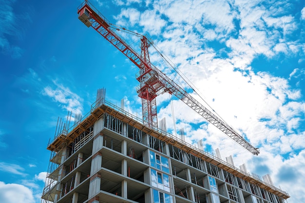 Edificio de gran altura en construcción en grúas torre con vista aérea generativa ai