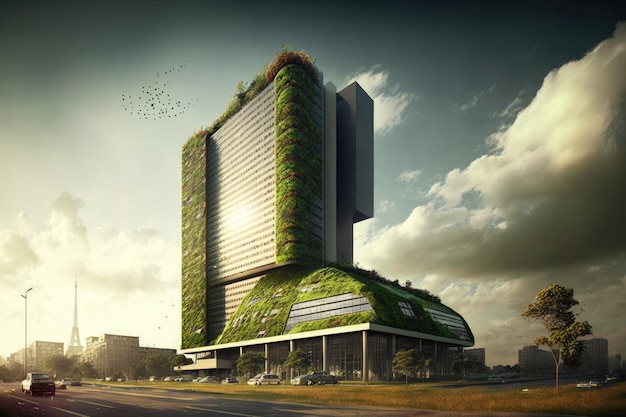 Edificio de gran altura con techo verde y características ecológicas creadas con IA generativa