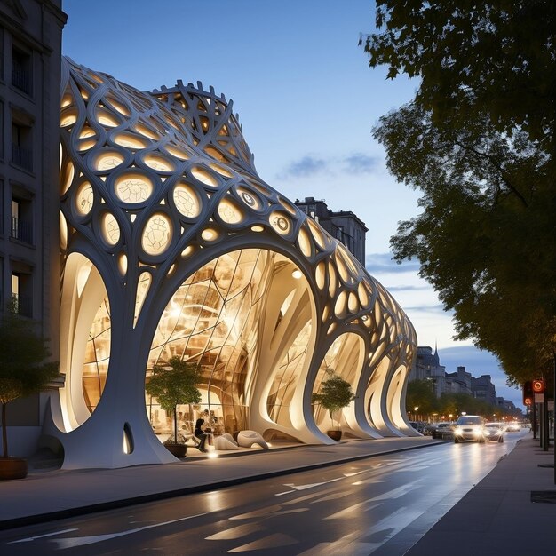 un edificio con un gran arco que dice "el nombre de la ciudad"