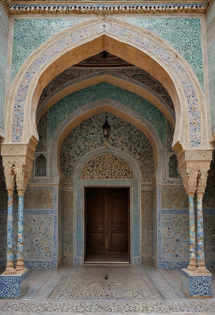 Foto un edificio con un gran arco que dice el nombre de la mezquita