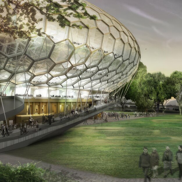 un edificio con una gran estructura de vidrio que dice que la Universidad de los Estados Unidos