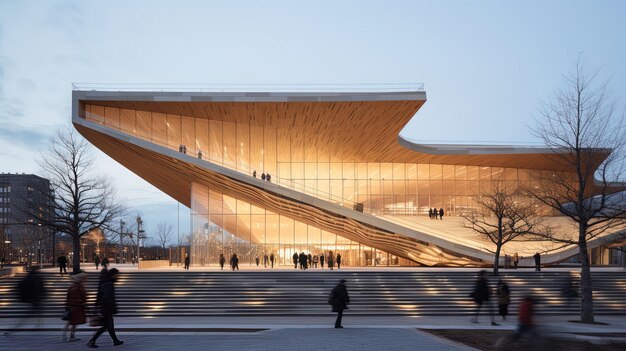 Foto un edificio con un gran exterior de madera se muestra en el fondo