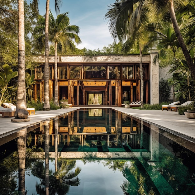 Un edificio grande con una piscina al frente que dice palmeras.