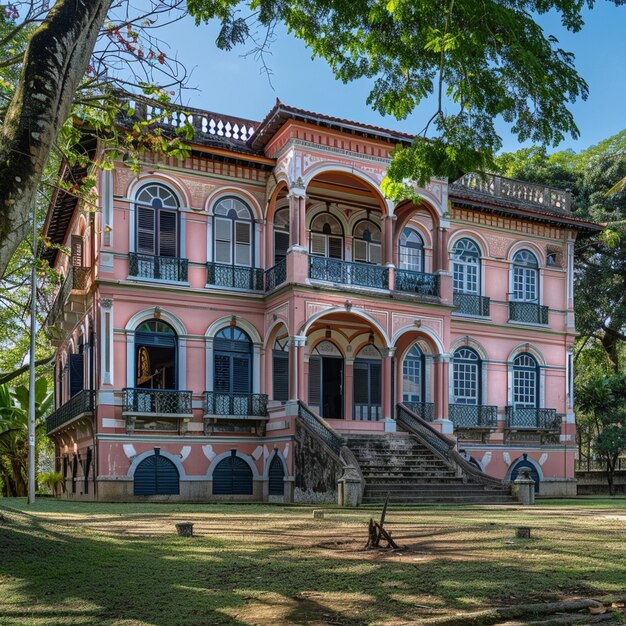 Foto edificio histórico cultural rosa con ventanas y balcones