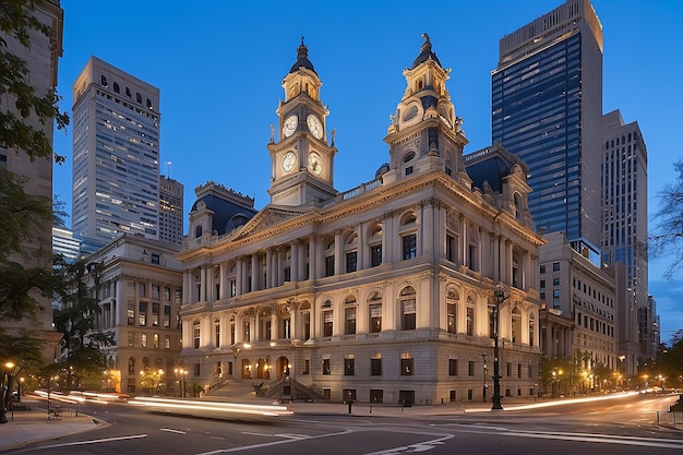Edifício histórico da prefeitura de Filadélfia no crepúsculo
