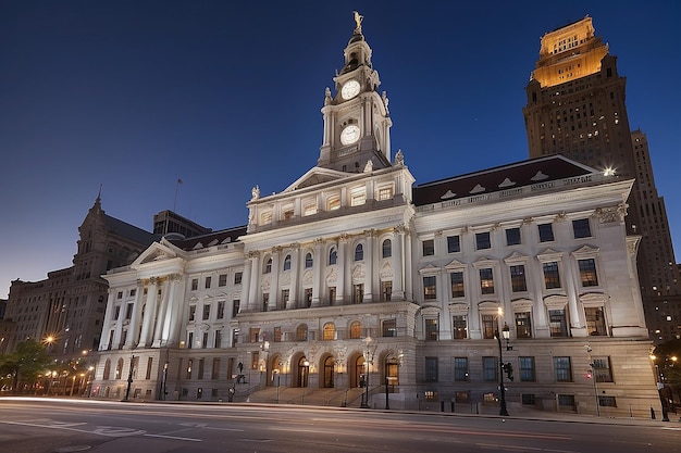 Edifício histórico da prefeitura de Filadélfia no crepúsculo