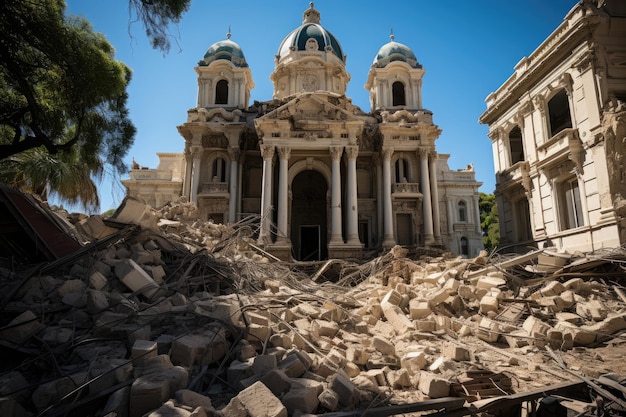 Edificio histórico dañado por terremoto restauración en curso generativa IA