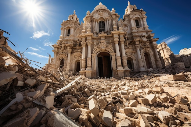 Edificio histórico dañado por terremoto restauración en curso generativa IA