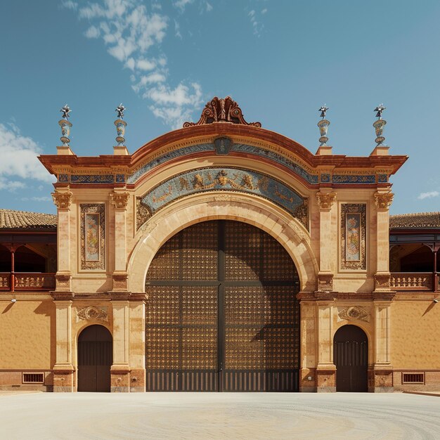 Edificio histórico de la entrada de la arena de corridas de toros española con reloj