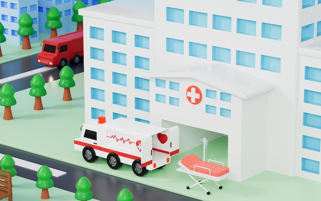 Edificio del hospital y fondo de carreteras urbanas renderizado 3d