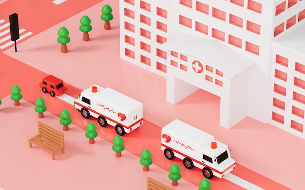 Edificio del hospital y fondo de carreteras urbanas renderizado 3d