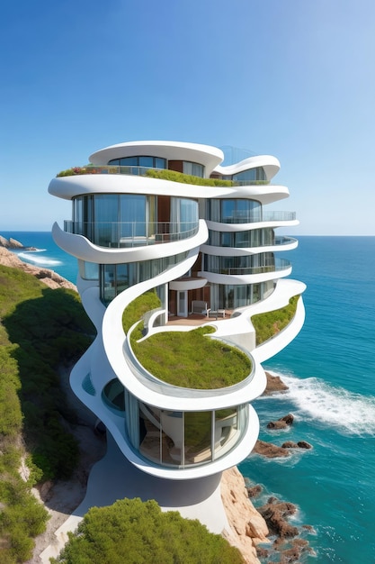 Edificio hotelero ultramoderno en la orilla del mar arquitectura paramétrica IA generativa