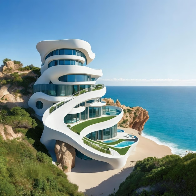 Edificio hotelero ultramoderno en la orilla del mar arquitectura paramétrica IA generativa