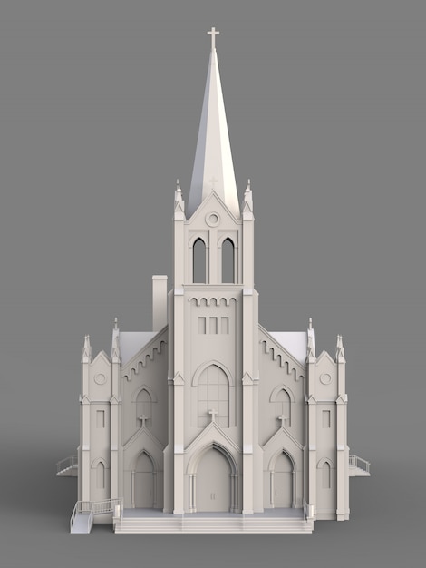 El edificio de la iglesia católica, vistas desde diferentes lados. Ilustración blanca tridimensional sobre una superficie gris