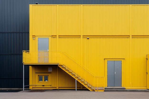 un edificio industrial amarillo con escaleras que conducen a una gran puerta amarilla al estilo de la salida dinámica