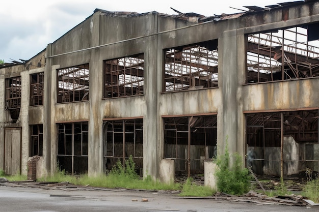 Edifício industrial arruinado com janelas quebradas e ripas de telhado ausentes