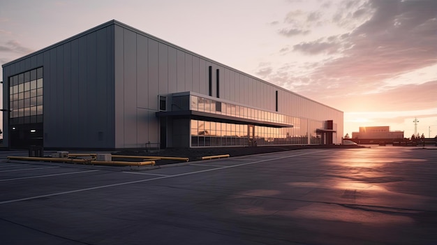 un edificio industrial blanco al atardecer con mucho espacio en estilo gris oscuro y