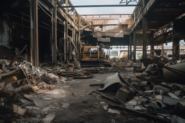 Edifício industrial destruído cercado por detritos e equipamentos destruídos