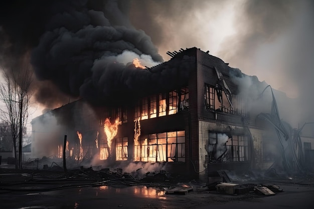 Edificio industrial destruido con furioso humo de fuego saliendo de ventanas y puertas