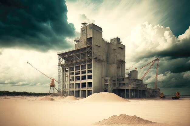 Edifício industrial no canteiro de obras abandonado contra o fundo do céu sombrio