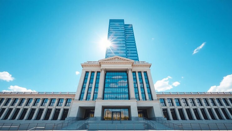 Edificio institucional de estilo neoclásico con ventanas reflectantes y IA generativa