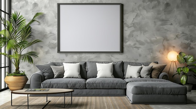 Edificio interior con sofá gris rectángulo mesa de café marco de imagen en la pared