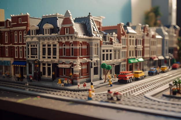 Un edificio de lego con una escena callejera y un edificio con un letrero verde