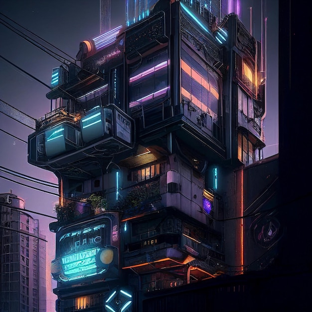 Un edificio con un letrero que dice 'cyberpunk'