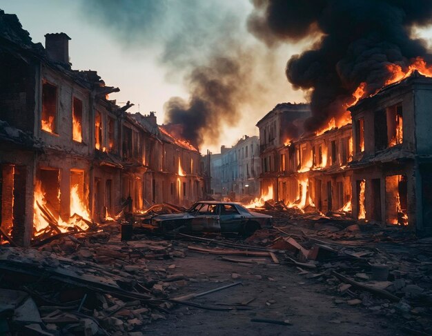 Un edificio en llamas en el casco antiguo El concepto de las consecuencias de la guerra