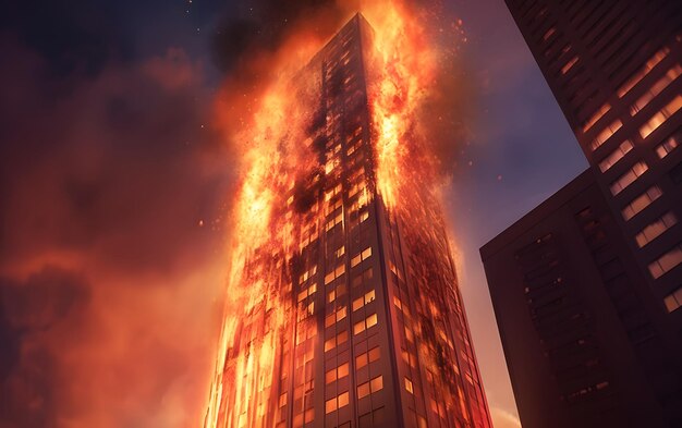 Foto un edificio en llamas está en llamas en una ciudad.