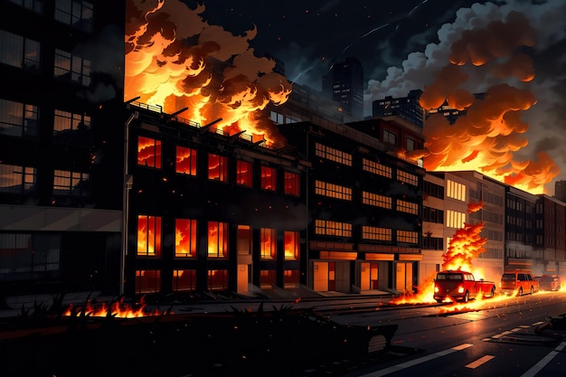 Un edificio en llamas con muchas llamas saliendo de su costado.