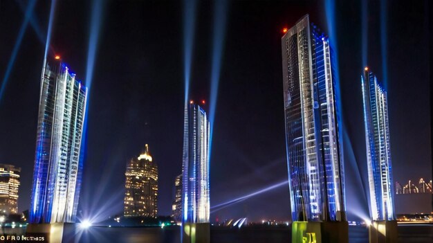 un edificio con luces en la parte superior y la palabra nueva en la parte inferior